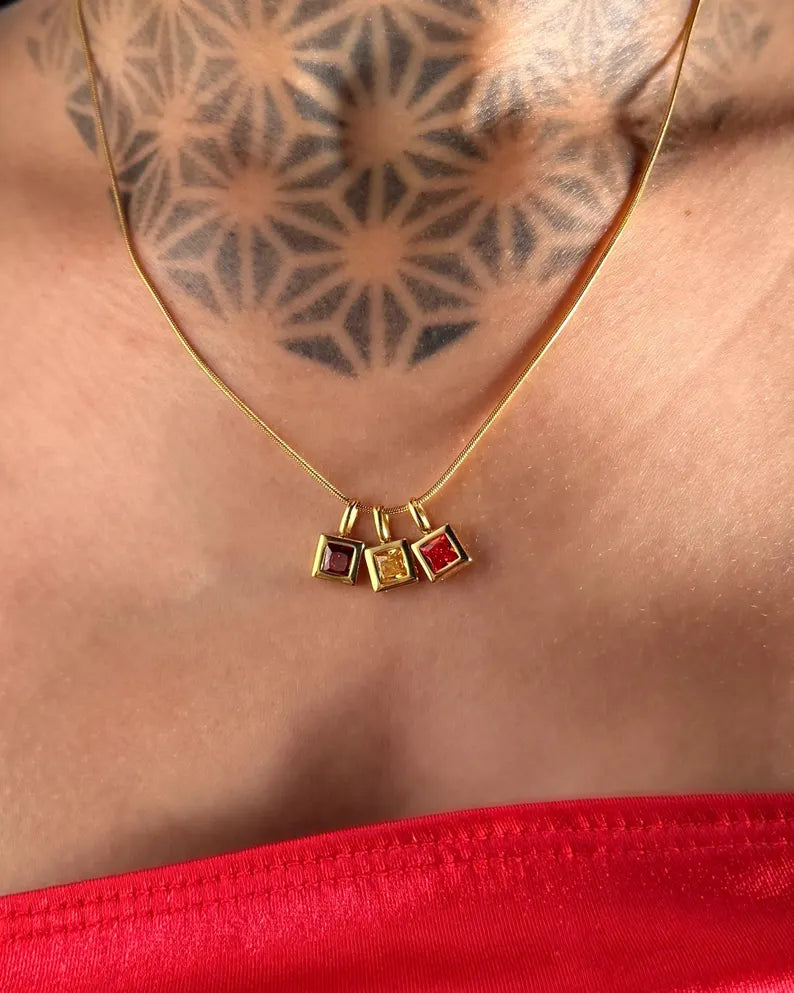 Gold Square charm birthstone necklace