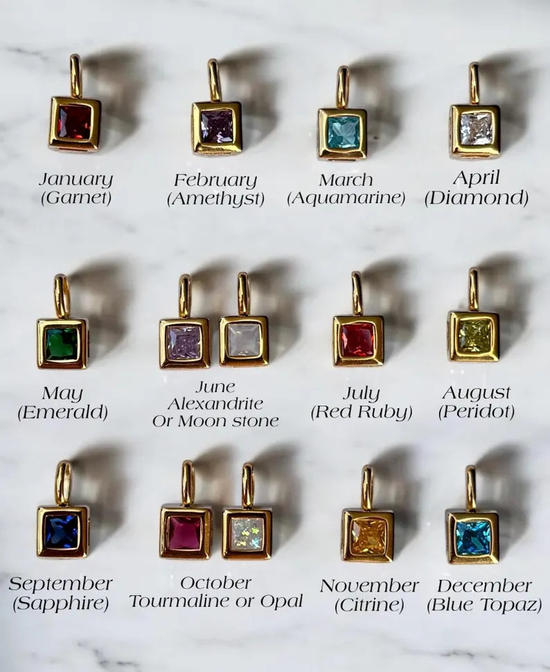Gold Square charm birthstone necklace