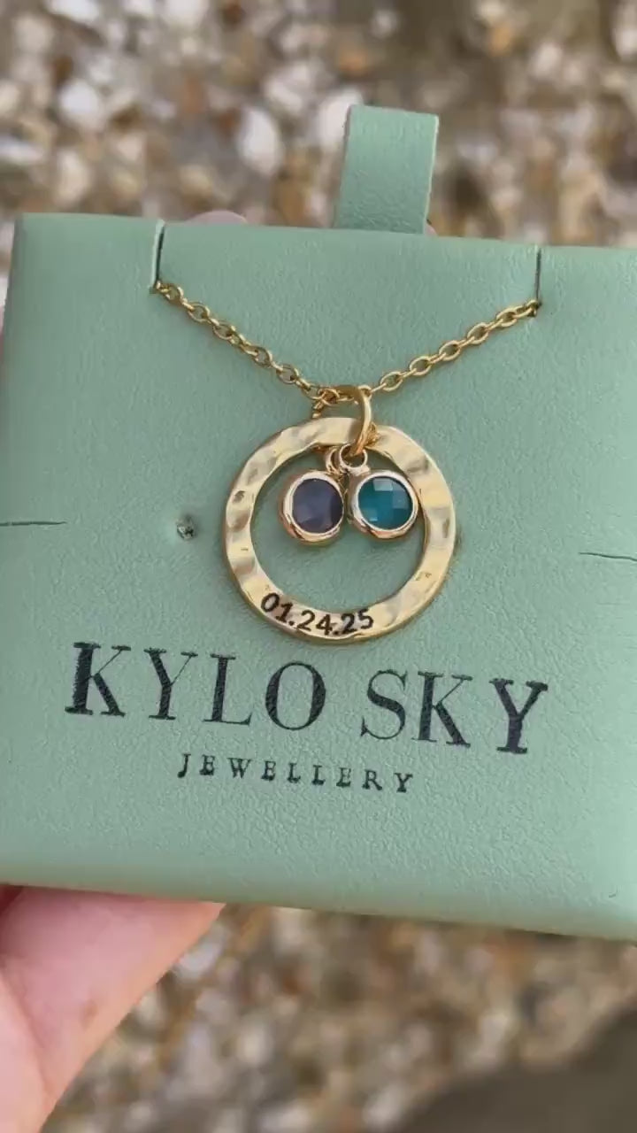 Hammered halo birthstone love necklace