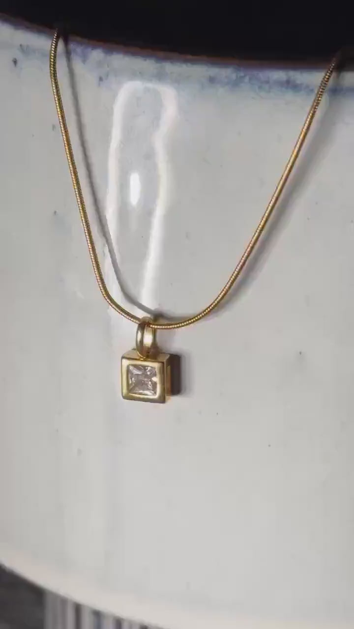 Gold Square charm birthstone necklace