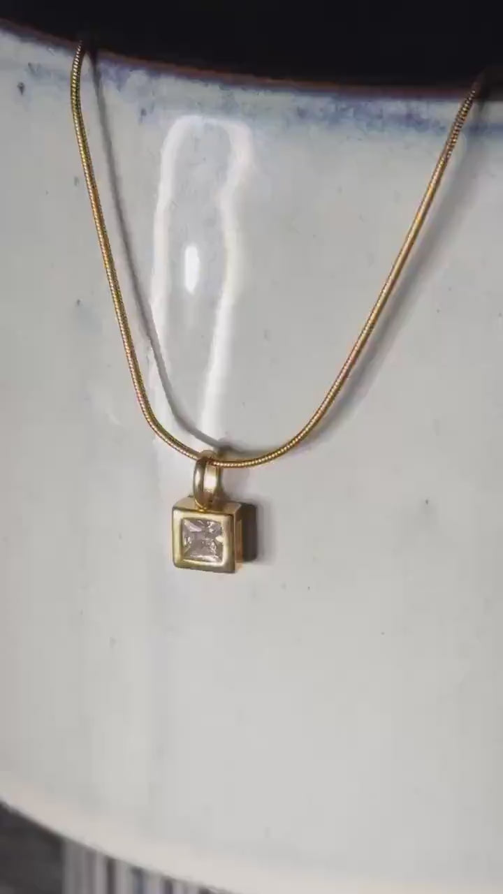 Silver Square Charm Birthstone Necklace