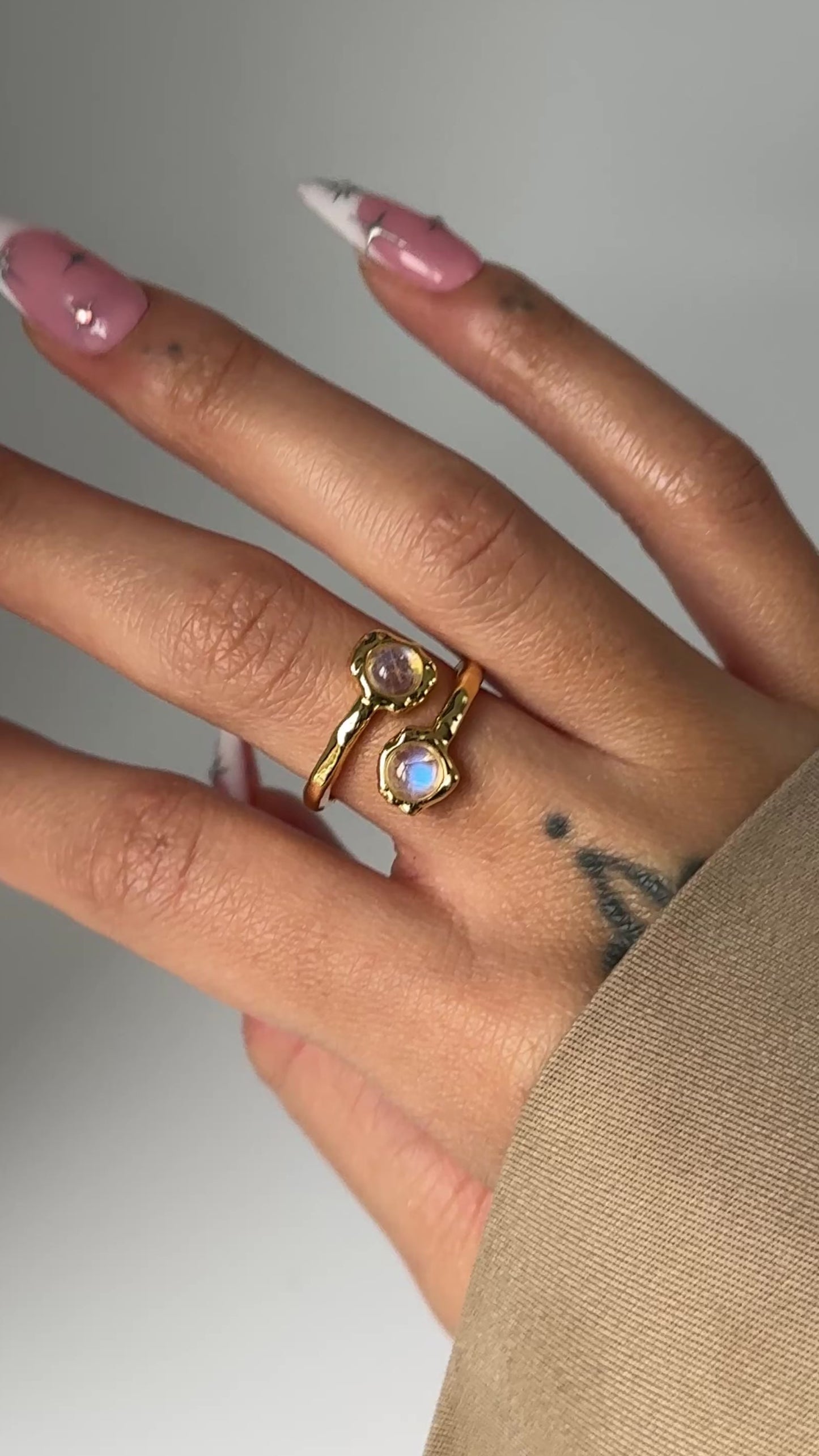 18k Gold Vermeil Hammered double moonstone ring